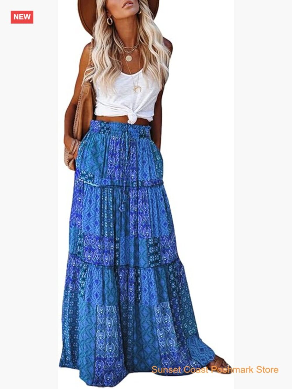 Boho Maxi Skirt with Pockets High Waist Tie Flowy Long Skirt Beach Vacation